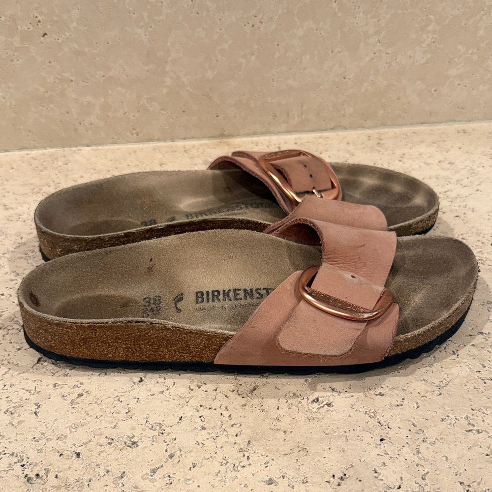 Birkenstock Madrid Slides in Rose Pink with Rose Gold Buckles - Picture 3 of 6